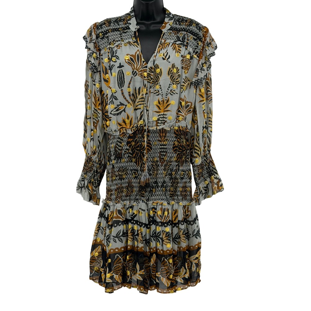 Anthropologie Farm Rio Dress M Mixed Botanical Smocked Waist Ruffle Lurex Mini